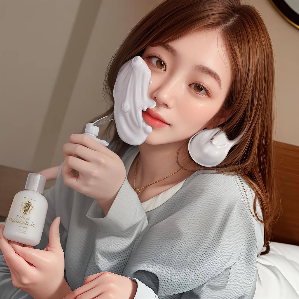  masterpiece, best quality, A woman holds REVUELE CERAMIDE ANTI-BLEMISH NIGHT FACE GEL in her hand and looks forward.