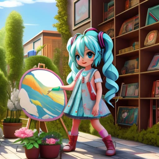  painting, oil, museum, art, canvas, fusion, masterpiece, three-dimensional, 3D, art, painter, drawing, painting, looking, neat, drawing, paintbrush, trompe l'oeil, hatsune miku girl cute