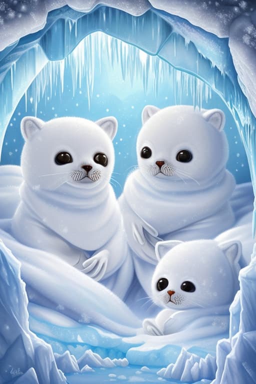  Highly detailed painting of cute furry white baby seals cuddled up inside snowy fantasy ice crystal cavern