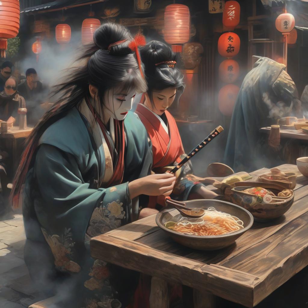  Samurai and Geisha, wearing traditional japanese clothing, in a street restaurant, eating a bowl of ramen, Asian street market, in the style of Hiroshi Nagai, high detail, high quality ar 4:5 hyperrealistic, full body, detailed clothing, highly detailed, cinematic lighting, stunningly beautiful, intricate, sharp focus, f/1. 8, 85mm, (centered image composition), (professionally color graded), ((bright soft diffused light)), volumetric fog, trending on instagram, trending on tumblr, HDR 4K, 8K