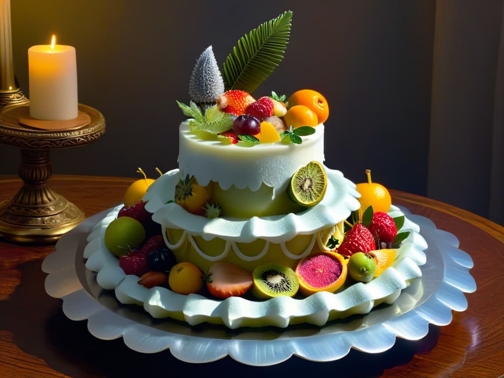  An 8k ultradetailed image of a delicately crafted Baroquestyle sugar sculpture centerpiece, featuring intricate details of fruits, flowers, and mythical creatures, all meticulously sculpted in sugar with a soft, ethereal glow emanating from the sugary creations. The centerpiece is set on an ornate silver platter against a dark, velvety background, highlighting the exquisite details and craftsmanship of Baroqueinspired culinary art. hyperrealistic, full body, detailed clothing, highly detailed, cinematic lighting, stunningly beautiful, intricate, sharp focus, f/1. 8, 85mm, (centered image composition), (professionally color graded), ((bright soft diffused light)), volumetric fog, trending on instagram, trending on tumblr, HDR 4K, 8K