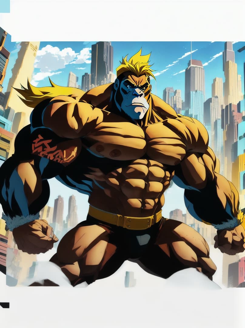  , anime-style illustration of a gorilla with extreme muscular development, in a dynamic pose that captures a 'roid rage'.,RAGE<lora:chad97qi:0.07655424501345531><lora:yellow-family:0.25172963598036135><lora:octoghibli:0.8723620831649697><lora:ae-t-pagepal:0.23817375049702716> hyperrealistic, full body, detailed clothing, highly detailed, cinematic lighting, stunningly beautiful, intricate, sharp focus, f/1. 8, 85mm, (centered image composition), (professionally color graded), ((bright soft diffused light)), volumetric fog, trending on instagram, trending on tumblr, HDR 4K, 8K
