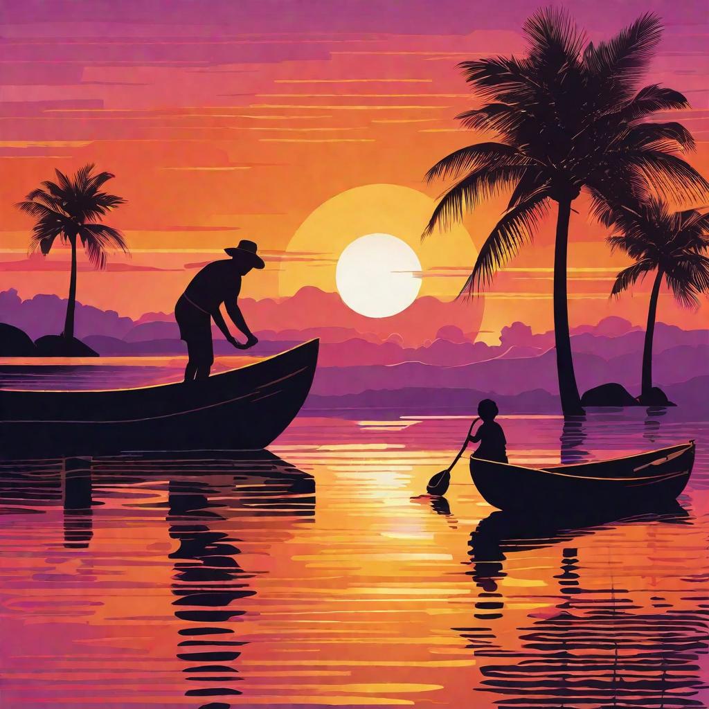  "An image of a young child and their mother, stood on the deck of a small, brightly colored wooden boat, which is smoothly cutting through calm, sparkling ocean waters. The sun is setting in the background, casting soft oranges and purples across the skies and gently reflecting off the sea. They are both looking back towards a lush, green island, dotted with palm trees, exotic flowers, and a few small curious animals watching from the shore. The mother is lovingly hugging the child from behind, with their hands holding a beautifully ornate shell, a cherished memento from their adventure. Though the journey is ending, the relaxed expressions on their faces and warmth between them suggest a sense of fulfilled dreams and cherished memories. Th hyperrealistic, full body, detailed clothing, highly detailed, cinematic lighting, stunningly beautiful, intricate, sharp focus, f/1. 8, 85mm, (centered image composition), (professionally color graded), ((bright soft diffused light)), volumetric fog, trending on instagram, trending on tumblr, HDR 4K, 8K