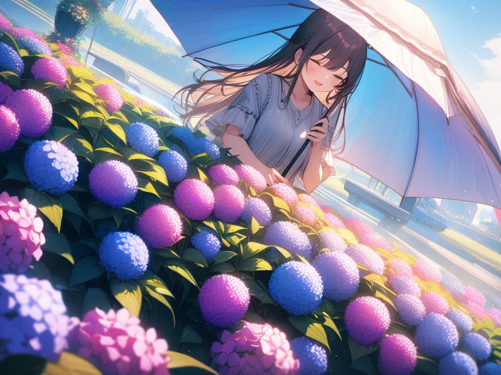  Hydrangea, girls pointing to umbrellas, laughing, rainbow, masterpiece, best quality,8k,ultra detailed,high resolution,an extremely delicate and beautiful,hyper detail