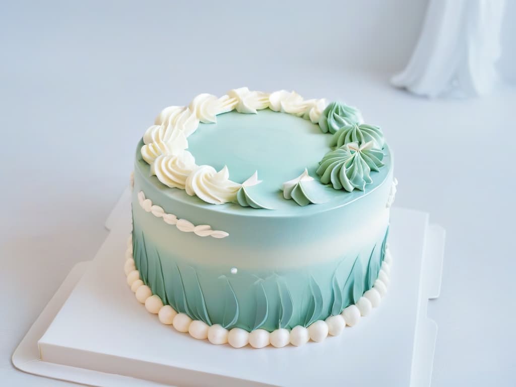  A closeup, ultradetailed image of a perfectly smooth and glossy fondantcovered cake, showcasing impeccable craftsmanship with flawless edges and a mirrorlike finish. The cake is elegantly decorated with intricate, minimalist details in soft pastel colors, exuding a sense of sophistication and professional artistry. hyperrealistic, full body, detailed clothing, highly detailed, cinematic lighting, stunningly beautiful, intricate, sharp focus, f/1. 8, 85mm, (centered image composition), (professionally color graded), ((bright soft diffused light)), volumetric fog, trending on instagram, trending on tumblr, HDR 4K, 8K