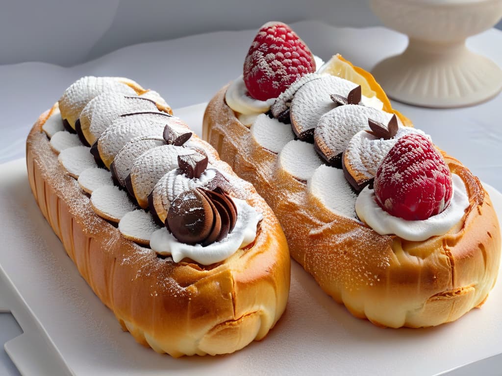  A closeup, ultrahigh definition image of delicate, intricately piped éclairs arranged in a symmetrical pattern on a pristine white platter. The éclairs are perfectly goldenbrown, with glossy chocolate ganache toppings and a dusting of powdered sugar. Each éclair is garnished with a single raspberry and a mint leaf, showcasing the precision and elegance of traditional French pastry craftsmanship. hyperrealistic, full body, detailed clothing, highly detailed, cinematic lighting, stunningly beautiful, intricate, sharp focus, f/1. 8, 85mm, (centered image composition), (professionally color graded), ((bright soft diffused light)), volumetric fog, trending on instagram, trending on tumblr, HDR 4K, 8K