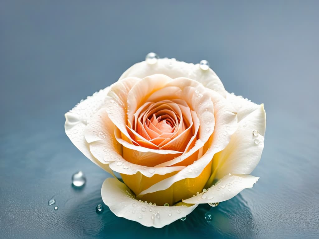  An ultradetailed, minimalist image of a delicate rose petal covered in droplets of water, glistening under soft, natural light. The intricate details of the petal's soft texture are highlighted, showcasing the beauty and elegance of incorporating rose water in Middle Eastern desserts. hyperrealistic, full body, detailed clothing, highly detailed, cinematic lighting, stunningly beautiful, intricate, sharp focus, f/1. 8, 85mm, (centered image composition), (professionally color graded), ((bright soft diffused light)), volumetric fog, trending on instagram, trending on tumblr, HDR 4K, 8K