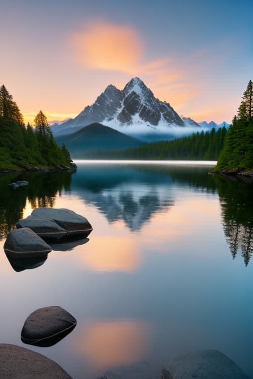  Capture the essence of a picturesque sunrise over a calm mountain lake for a breathtaking HD wallpaper. hyperrealistic, full body, detailed clothing, highly detailed, cinematic lighting, stunningly beautiful, intricate, sharp focus, f/1. 8, 85mm, (centered image composition), (professionally color graded), ((bright soft diffused light)), volumetric fog, trending on instagram, trending on tumblr, HDR 4K, 8K