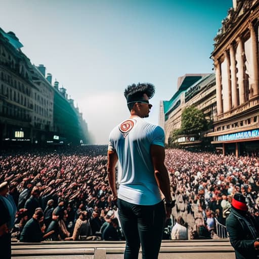  A boy standing in middle of a crowd, looking at the sky. hyperrealistic, full body, detailed clothing, highly detailed, cinematic lighting, stunningly beautiful, intricate, sharp focus, f/1. 8, 85mm, (centered image composition), (professionally color graded), ((bright soft diffused light)), volumetric fog, trending on instagram, trending on tumblr, HDR 4K, 8K