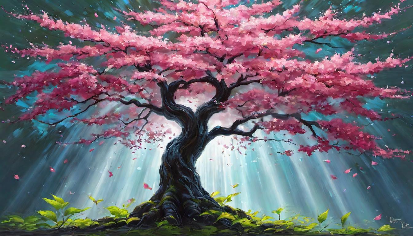  digital painting of Metaphorical blossoming tree, radiant light from roots to leaves, transformed elements of nature, vibrant growth, personal evolution looking at viewer, dynamic pose, (intricate details, masterpiece, best quality)