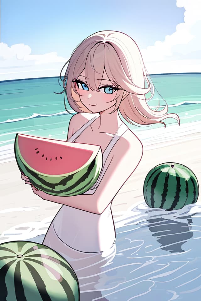  Sea, watermelon, beautiful woman