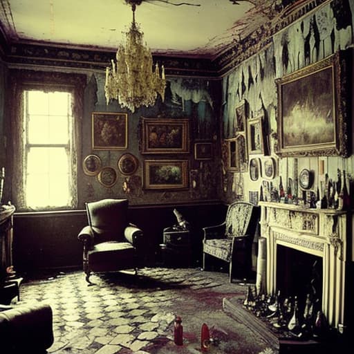  A old cluttered victorian Manor. walls are covered from to to bottom with paintings of creepy monsters. tons of art on the wall. alchohol bottles on the ground. a sitting man on the ground smoking