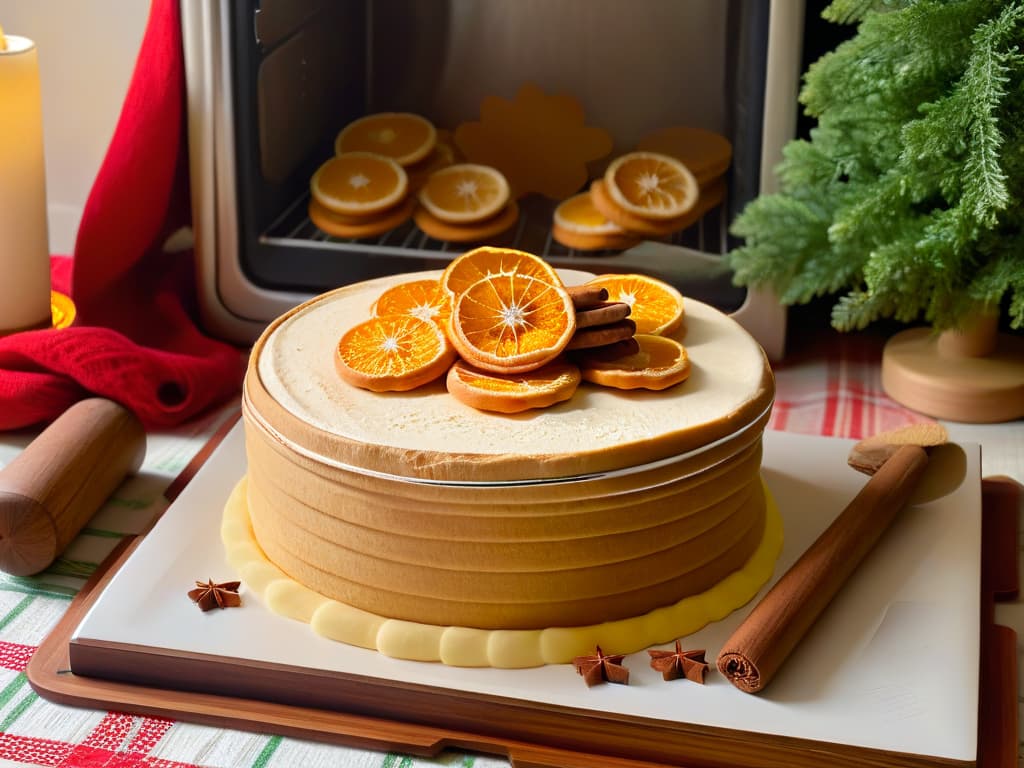  A cozy kitchen scene with a marble countertop covered in flour, gingerbread cookie cutters, and a wooden rolling pin. In the background, a warm oven emits a soft glow, casting shadows of hanging copper pots. A tray of freshly baked gingerbread cookies cools off next to a stack of festive red and green napkins. The room is adorned with twinkling fairy lights and a fragrant wreath of dried orange slices and cinnamon sticks hangs on the wall. hyperrealistic, full body, detailed clothing, highly detailed, cinematic lighting, stunningly beautiful, intricate, sharp focus, f/1. 8, 85mm, (centered image composition), (professionally color graded), ((bright soft diffused light)), volumetric fog, trending on instagram, trending on tumblr, HDR 4K, 8K