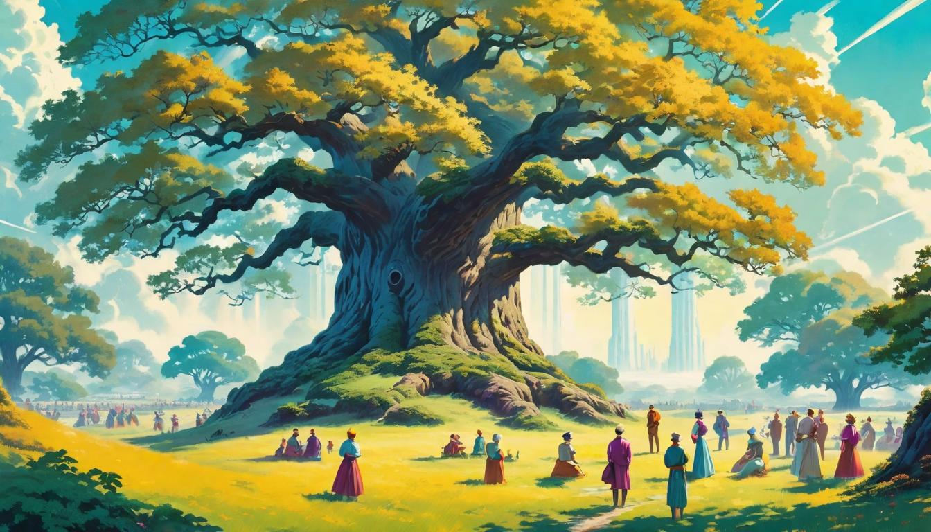  retro futuristic An ancient oak tree in a meadow, under its branches, people of various ages gathering, unity in diversity, Strength, wisdom, a revered place of gathering and integrity. lvintage sci fi, 50s and 60s style, atomic age, vibrant, highly detailed