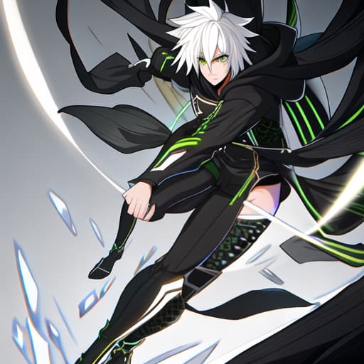  a male with a mixture black of white hair wearing a black hoodie with green stripes hyperrealistic, full body, detailed clothing, highly detailed, cinematic lighting, stunningly beautiful, intricate, sharp focus, f/1. 8, 85mm, (centered image composition), (professionally color graded), ((bright soft diffused light)), volumetric fog, trending on instagram, trending on tumblr, HDR 4K, 8K