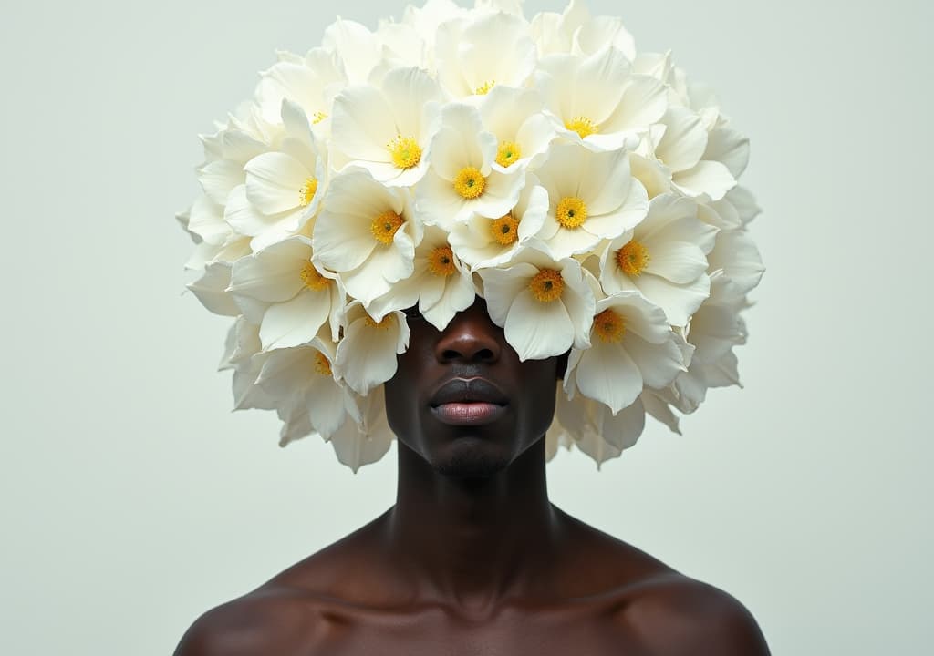  good quality, high quality, a young man stands in front of a large bouquet of white flowers. the flowers are arranged in a way that they cover his head and neck, creating a striking contrast between his dark skin and the bright