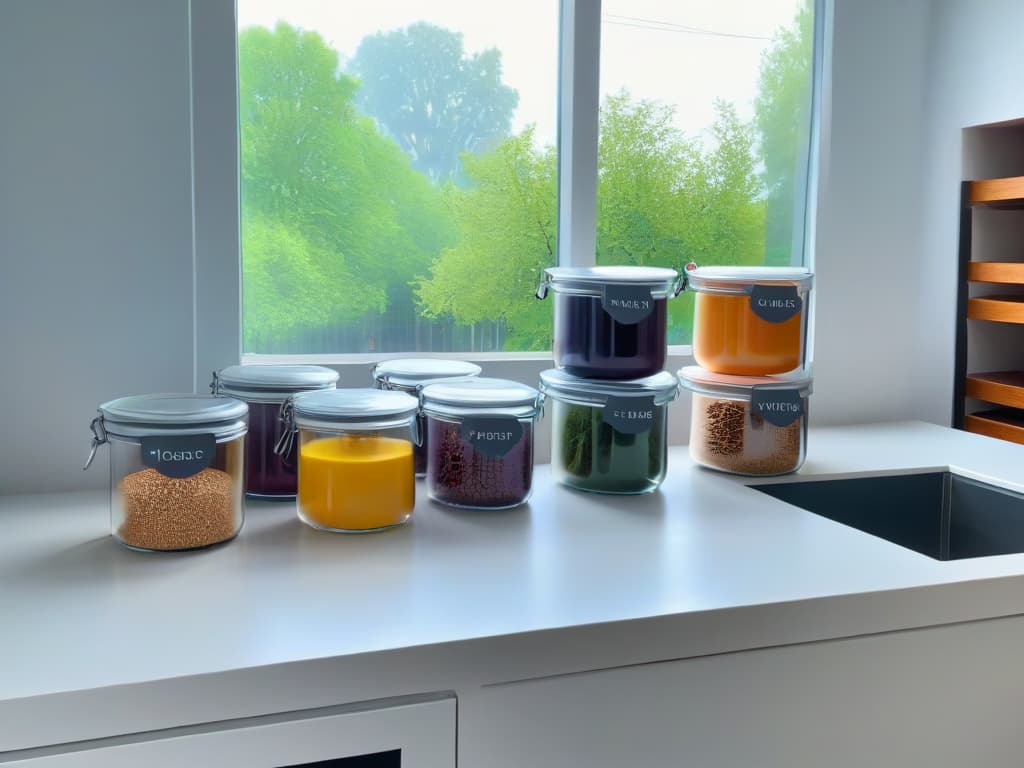  A pristine, minimalist kitchen countertop showcasing a perfectly organized array of baking supplies neatly arranged in sleek, spacesaving containers. The soft, natural light filtering through a nearby window highlights the impeccable order and thoughtful design of the compact kitchen space, emphasizing the seamless blend of functionality and aesthetic appeal in maximizing kitchen efficiency. hyperrealistic, full body, detailed clothing, highly detailed, cinematic lighting, stunningly beautiful, intricate, sharp focus, f/1. 8, 85mm, (centered image composition), (professionally color graded), ((bright soft diffused light)), volumetric fog, trending on instagram, trending on tumblr, HDR 4K, 8K