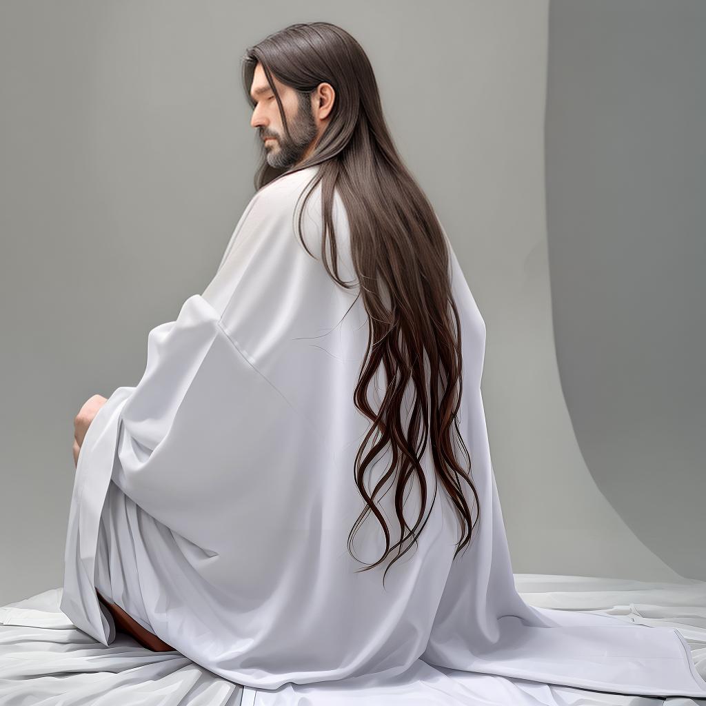  A long-haired man in a white robe meditates with his back to him