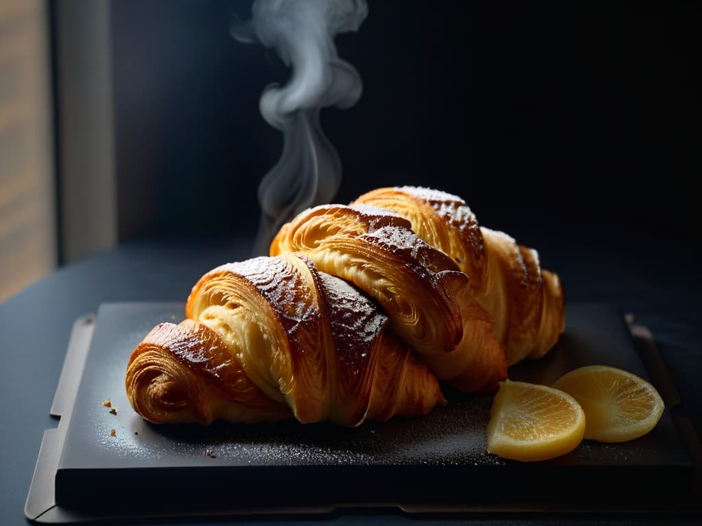  A minimalistic yet powerful image of a perfectly goldenbrown croissant, freshly baked and steam rising from its flaky layers. The croissant is delicately placed on a sleek, matte black surface, with soft natural light casting a gentle shadow underneath. The focus is on the texture of the croissant's crispy exterior and the inviting layers within, evoking a sense of warmth and expertise in the art of baking. hyperrealistic, full body, detailed clothing, highly detailed, cinematic lighting, stunningly beautiful, intricate, sharp focus, f/1. 8, 85mm, (centered image composition), (professionally color graded), ((bright soft diffused light)), volumetric fog, trending on instagram, trending on tumblr, HDR 4K, 8K