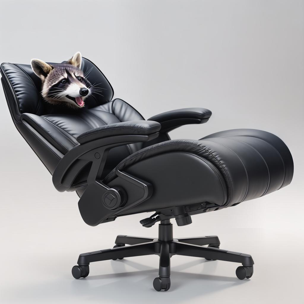  raccoon sitting in gaming chair front a computer on desktop, ((semi anthropomorphic)),(full body), tail, belly, sitting, fat, (chubby), (((white background))), solo, desktop, gaming chair, side view,  [[[clothes]]] hyperrealistic, full body, detailed clothing, highly detailed, cinematic lighting, stunningly beautiful, intricate, sharp focus, f/1. 8, 85mm, (centered image composition), (professionally color graded), ((bright soft diffused light)), volumetric fog, trending on instagram, trending on tumblr, HDR 4K, 8K