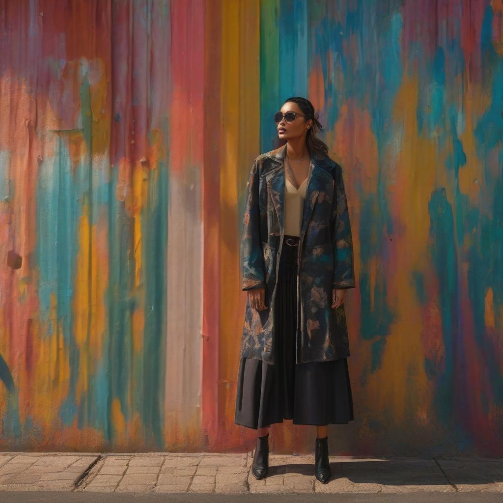  A woman, painted in various colors, is standing in front of a multicolored wall. hyperrealistic, full body, detailed clothing, highly detailed, cinematic lighting, stunningly beautiful, intricate, sharp focus, f/1. 8, 85mm, (centered image composition), (professionally color graded), ((bright soft diffused light)), volumetric fog, trending on instagram, trending on tumblr, HDR 4K, 8K