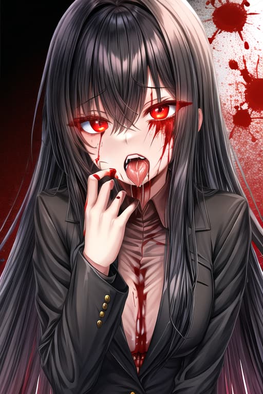  long black hair,glowing red eyes,red eyeliner,suit,covered in blood,licking fingers and drooling