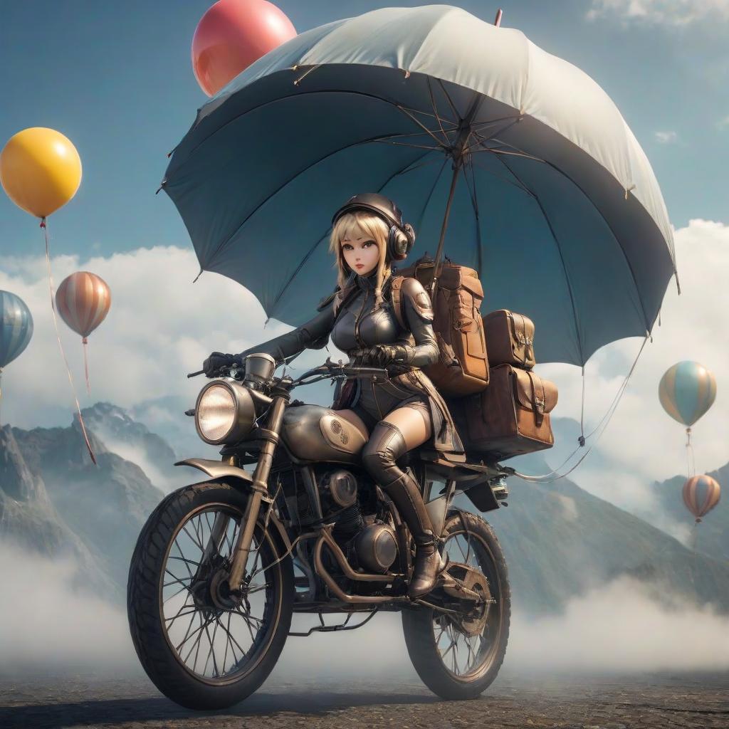  A skybike type aircraft. Parasol wings and small balloons with helium. A goblin saddle with a flying helmet. hyperrealistic, full body, detailed clothing, highly detailed, cinematic lighting, stunningly beautiful, intricate, sharp focus, f/1. 8, 85mm, (centered image composition), (professionally color graded), ((bright soft diffused light)), volumetric fog, trending on instagram, trending on tumblr, HDR 4K, 8K