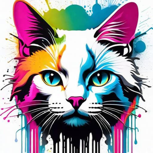  ((white background)),Banksy style, graffiti style Impactful composition, dripping neon heat splash paint (water color) across the shape of a ragdoll cat face, ((artistic)), full body shoot, high detail, vibrant, urban, detailed, tag, mural hyperrealistic, full body, detailed clothing, highly detailed, cinematic lighting, stunningly beautiful, intricate, sharp focus, f/1. 8, 85mm, (centered image composition), (professionally color graded), ((bright soft diffused light)), volumetric fog, trending on instagram, trending on tumblr, HDR 4K, 8K