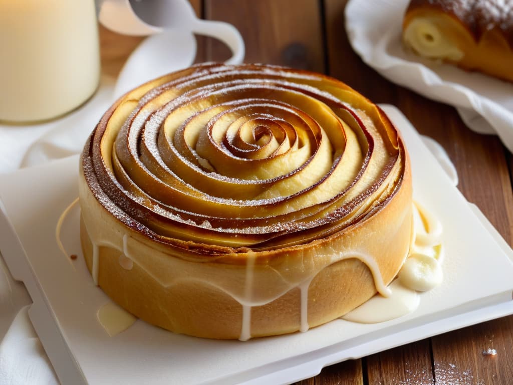  A closeup, highresolution image of a freshly baked cinnamon and apple roll, still warm from the oven, with goldenbrown, flaky layers of pastry glistening under a light drizzle of sweet icing. The roll is delicately dusted with cinnamon, and small pieces of caramelized apple peek out from the swirls, evoking feelings of warmth and comfort. The background is a soft, blurred pastel color, emphasizing the simplicity and elegance of the dessert. hyperrealistic, full body, detailed clothing, highly detailed, cinematic lighting, stunningly beautiful, intricate, sharp focus, f/1. 8, 85mm, (centered image composition), (professionally color graded), ((bright soft diffused light)), volumetric fog, trending on instagram, trending on tumblr, HDR 4K, 8K