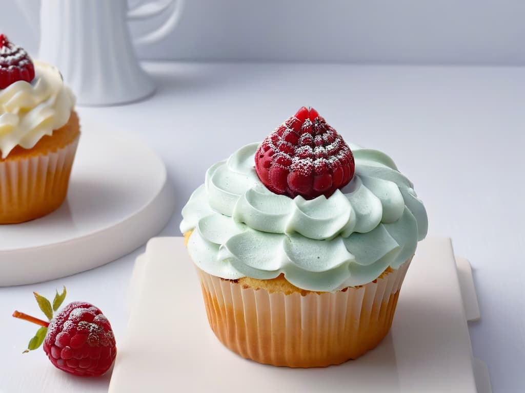  A closeup, ultradetailed image of a delicate, perfectly frosted cupcake, adorned with a single glistening raspberry on top. The frosting is expertly swirled, showcasing intricate details and a smooth, glossy finish. The raspberry is vibrant and plump, adding a pop of color against the pristine white frosting. The lighting is soft, casting a gentle shadow behind the cupcake to enhance its elegant simplicity. hyperrealistic, full body, detailed clothing, highly detailed, cinematic lighting, stunningly beautiful, intricate, sharp focus, f/1. 8, 85mm, (centered image composition), (professionally color graded), ((bright soft diffused light)), volumetric fog, trending on instagram, trending on tumblr, HDR 4K, 8K