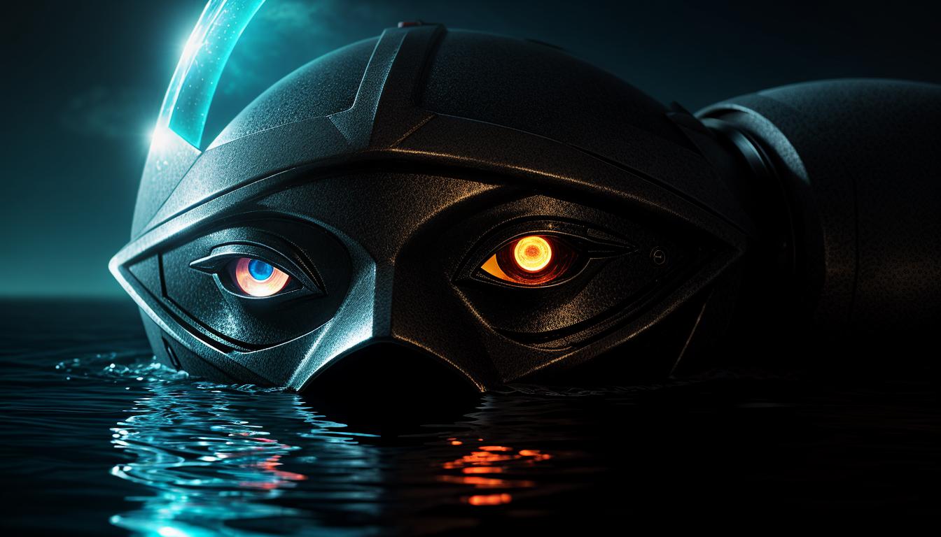  Retro anime aesthetics, retro futuristic A slightly worn mask, half submerged in water, mask has intricate designs, face half hidden, reflection in the water, revealing character, duality, mystery, 4k, HDR, lens flare