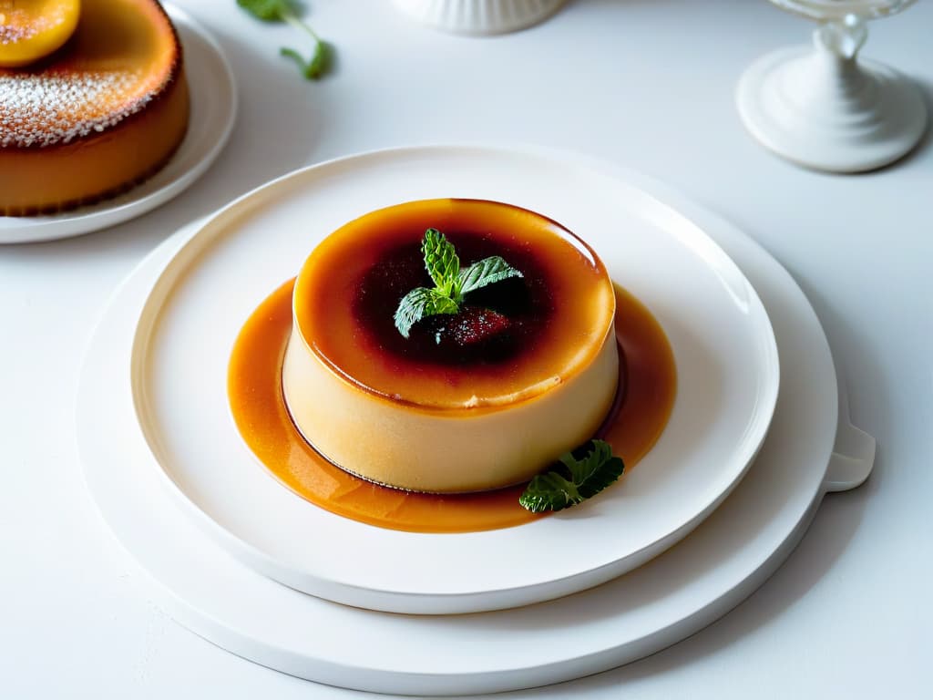  A closeup, highresolution image of a perfectly caramelized, goldenbrown flan resting on a delicate white porcelain plate. The flan is adorned with a sprinkle of cinnamon and a fresh mint leaf for garnish, set against a clean, minimalist background to enhance its visual appeal and highlight its creamy texture and rich hue. hyperrealistic, full body, detailed clothing, highly detailed, cinematic lighting, stunningly beautiful, intricate, sharp focus, f/1. 8, 85mm, (centered image composition), (professionally color graded), ((bright soft diffused light)), volumetric fog, trending on instagram, trending on tumblr, HDR 4K, 8K