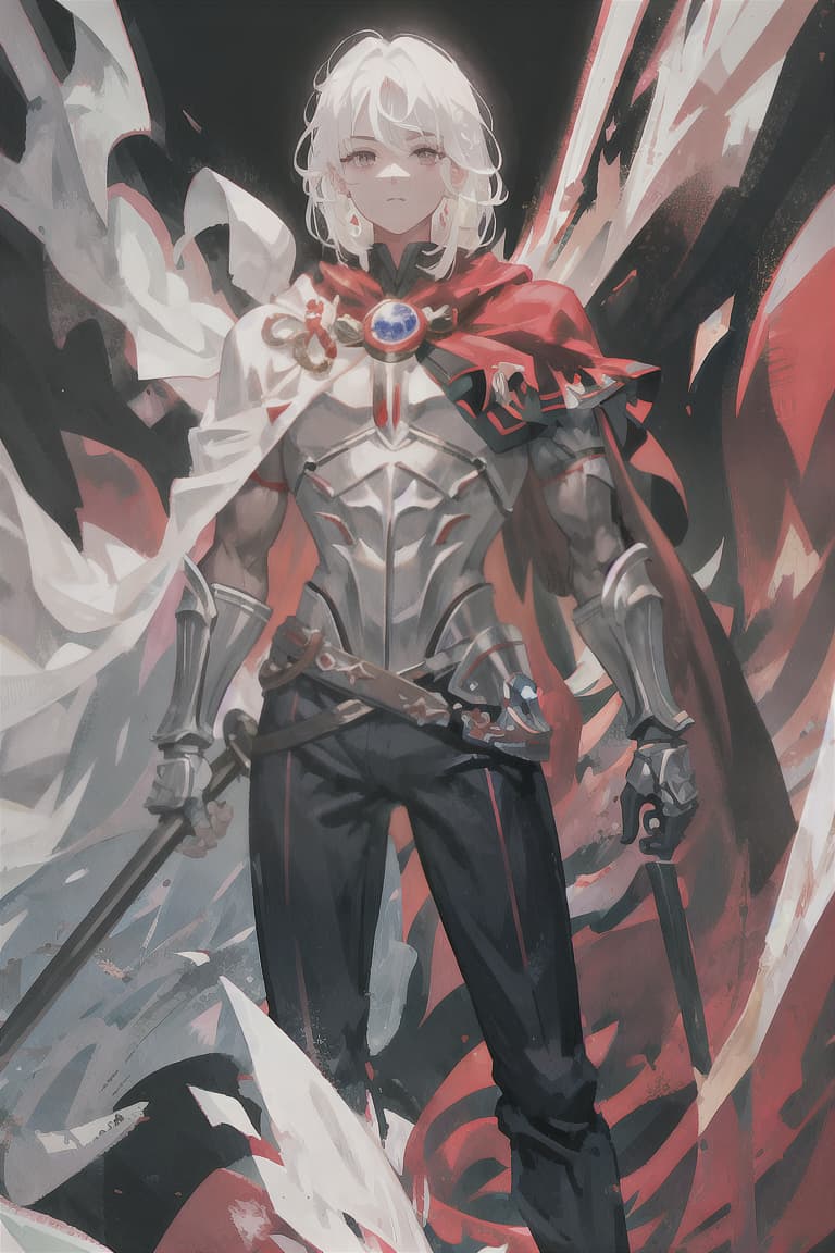  master piece , best quality,White hair, straight hair, dark eyes, male, muscular body, hero, black and white armor, red cape