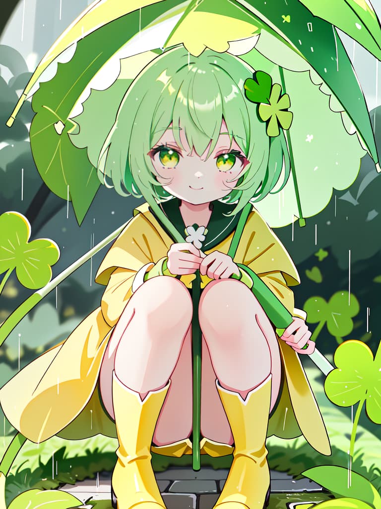  Staring at the four leaf clover with an umbrella in the rain, a yellow raincoat and a yellow green girl character crouching with boots and staring at the on the ground and staring with a smile. focus, masterpiece, best quality,8k,ultra detailed,high resolution,an extremely delicate and beautiful,hyper detail