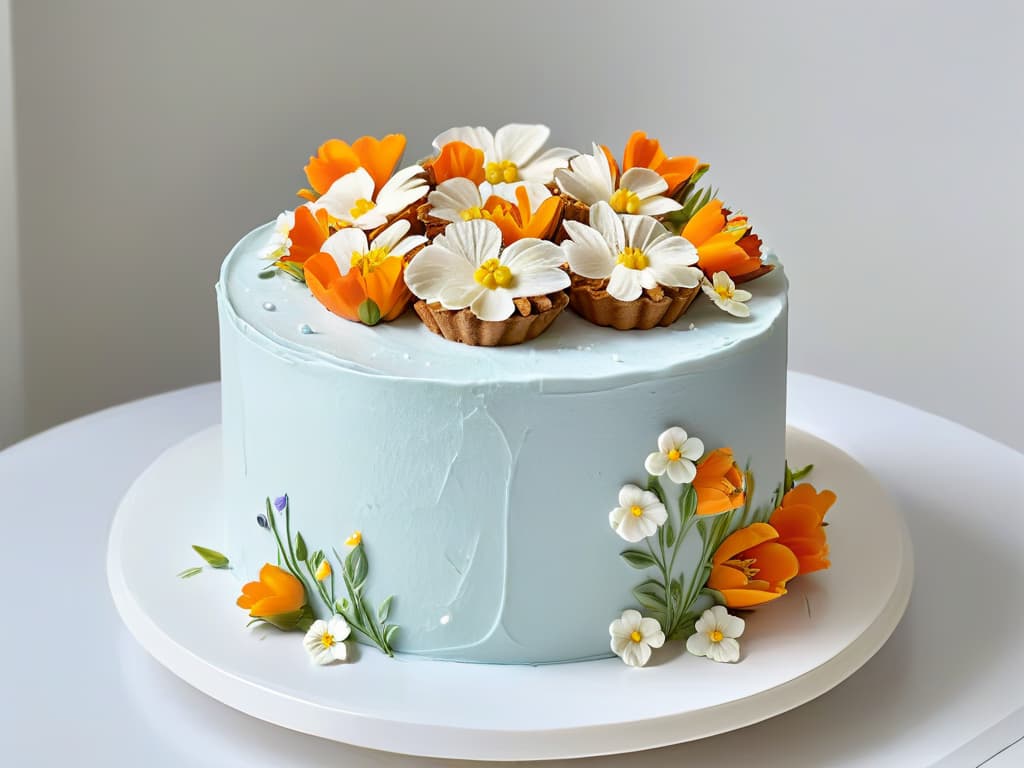  A closeup, ultradetailed image of a perfectly frosted organic carrot cake, adorned with delicate edible flowers in soft pastel hues, set against a clean white backdrop. The frosting is impeccably smooth, showcasing subtle ridges from a spatula, with tiny air bubbles trapped within, giving it a light and airy texture. The edible flowers are artfully arranged in a cascading pattern, adding a pop of color to the otherwise monochromatic cake. The lighting is soft yet highlights every minute detail, from the glistening moisture on the petals to the fine crumb structure of the cake itself. This image exudes sophistication and elegance, inviting the viewer to appreciate the beauty of organic baking. hyperrealistic, full body, detailed clothing, highly detailed, cinematic lighting, stunningly beautiful, intricate, sharp focus, f/1. 8, 85mm, (centered image composition), (professionally color graded), ((bright soft diffused light)), volumetric fog, trending on instagram, trending on tumblr, HDR 4K, 8K