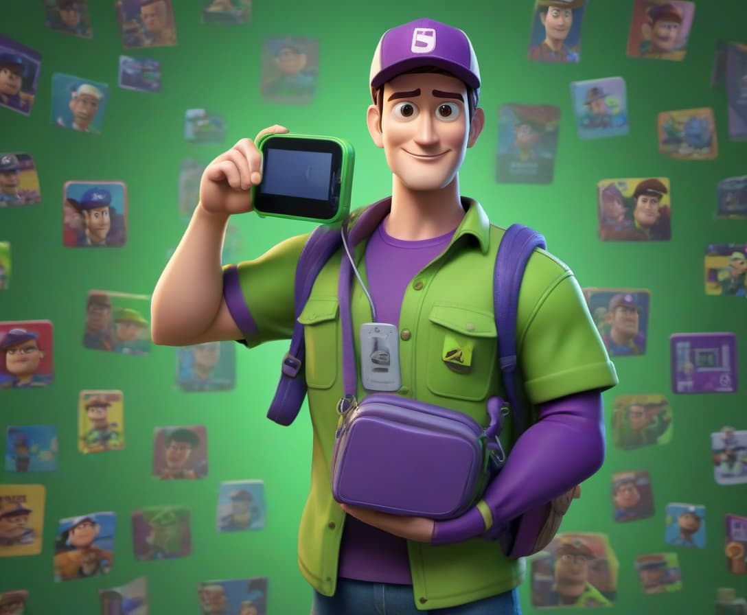  the courier from the delivery service is holding a phone in his hands, facing the viewer, with a large and square backpack in green and purple colors behind his back, the courier himself in a T shirt and cap, 3d in the style of the cartoon toy story hyperrealistic, full body, detailed clothing, highly detailed, cinematic lighting, stunningly beautiful, intricate, sharp focus, f/1. 8, 85mm, (centered image composition), (professionally color graded), ((bright soft diffused light)), volumetric fog, trending on instagram, trending on tumblr, HDR 4K, 8K