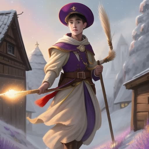  watercolor, storybook, child-book, Young boy flying on a red broom over a small village, wearing a purple magic hat, surrounded by yellow stars under a crescent moon., best quality, very detailed, high resolution, sharp, sharp image hyperrealistic, full body, detailed clothing, highly detailed, cinematic lighting, stunningly beautiful, intricate, sharp focus, f/1. 8, 85mm, (centered image composition), (professionally color graded), ((bright soft diffused light)), volumetric fog, trending on instagram, trending on tumblr, HDR 4K, 8K