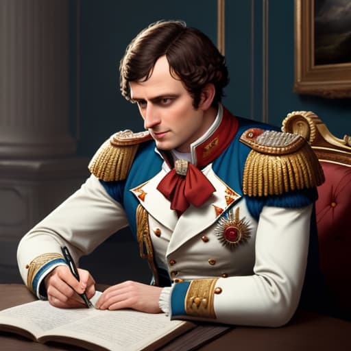  Napoleon Bonaparte, thinking, tired, writing something, 1794, style of cinematic hyperrealistic, full body, detailed clothing, highly detailed, cinematic lighting, stunningly beautiful, intricate, sharp focus, f/1. 8, 85mm, (centered image composition), (professionally color graded), ((bright soft diffused light)), volumetric fog, trending on instagram, trending on tumblr, HDR 4K, 8K