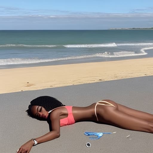  A black petite woman laid out on a beach with a Range Rover sport in the background