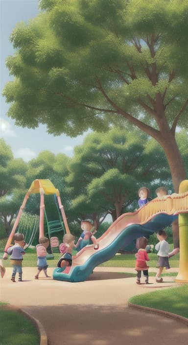  {Children playing in a sunny park with swings and slides., Same group of happy children, now wearing casual play clothes.