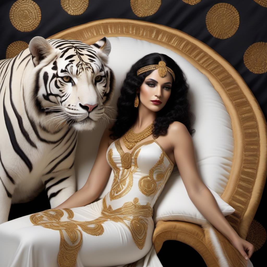  The is a white tigress, in a black black , in a costume of the goddess Cleopatra, lies on colored, embroidered with gold pillows.Style artist Klimt