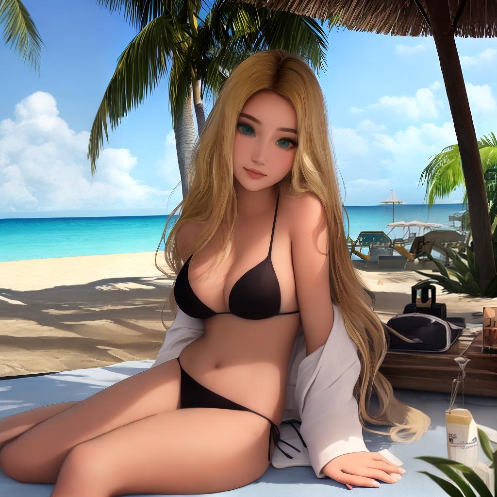 masterpiece, best quality, masterpiece, very good quality,4k resolution, close-up of a beautiful model, on the beach, coconut trees, pavilions and seaside in the background, shallow depth of field, shooting angle slightly lower, long (blonde), amazing green eyes, flirtatious gaze, flirtatious smile,(black bikini:1.1), under lights, seduction and high atmosphere at night, detailed face and skin, perfect face, shiny skin, lying on a beach chair