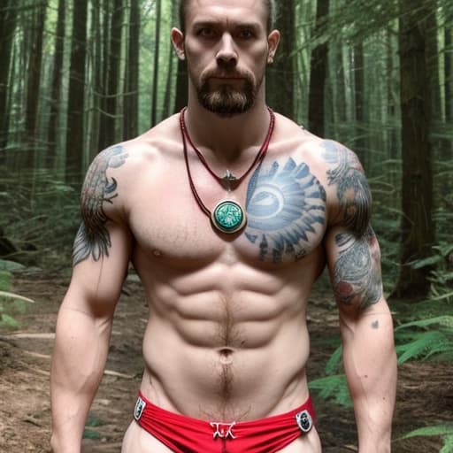  muscular, crazy hair, necklace, tattoo, sunlight aura, natural, forest, red speedo, eastern, daddy look