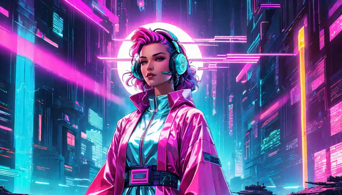  vaporwave,cyberpunk game style figure clad in light robes, serene expression, ethereal setting, halo of light, cosmic journey, interconnected pathseon, dystopian, futuristic, digital, vibrant, detailed, high contrast, reminiscent of cyberpunk genre video games,retro aesthetic, cyberpunk, vibrant, neon colors, vintage 80s and 90s style, highly detailed