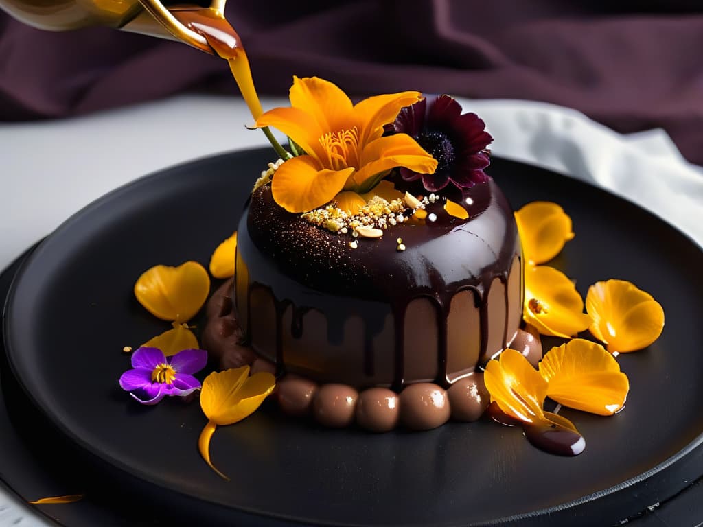  A closeup, ultradetailed image of a delicate chocolate sphere dessert being drizzled with glossy caramel sauce, with tiny golden flakes and a vibrant edible flower as garnish, all placed on a sleek, matte black plate. The chocolate sphere reflects the soft glow of ambient lighting, showcasing a mirrorlike shine, while the caramel cascades elegantly down its side, capturing the precise moment of indulgent decadence. The contrast between the rich textures, deep colors, and subtle reflections creates a visually arresting and mouthwatering composition that embodies the essence of multisensory dessert artistry. hyperrealistic, full body, detailed clothing, highly detailed, cinematic lighting, stunningly beautiful, intricate, sharp focus, f/1. 8, 85mm, (centered image composition), (professionally color graded), ((bright soft diffused light)), volumetric fog, trending on instagram, trending on tumblr, HDR 4K, 8K