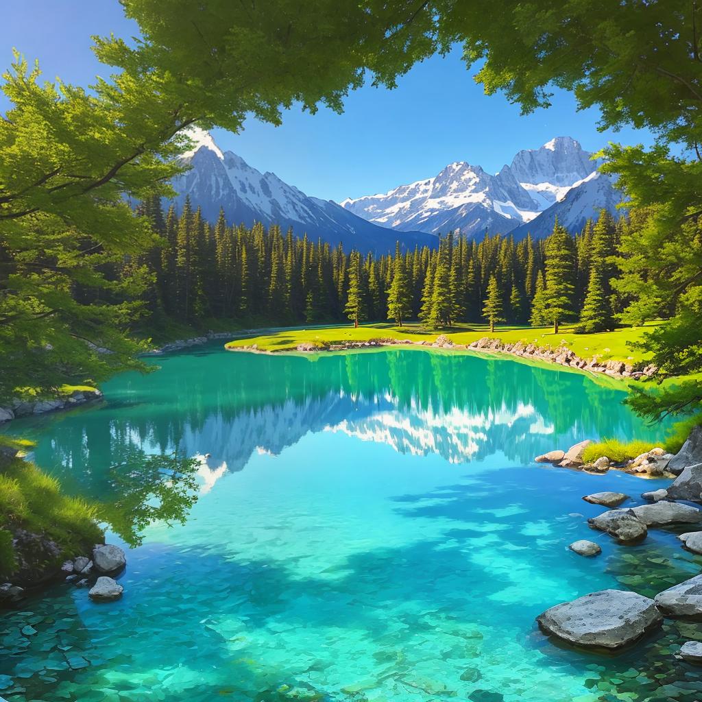  as a painting, Convey the serene majesty of towering mountains reflected in the crystal-clear waters of a tranquil alpine lake, using your unique artistic vision to evoke a sense of awe and tranquility.