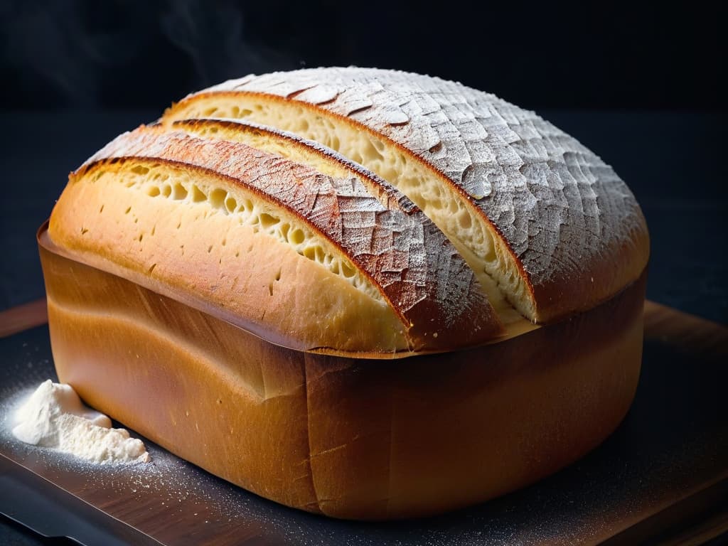  An ultradetailed closeup image of a perfectly risen sourdough bread loaf, showcasing the intricate patterns and textures of the crust, with a sprinkling of flour on its surface, set against a simple, sleek black backdrop. hyperrealistic, full body, detailed clothing, highly detailed, cinematic lighting, stunningly beautiful, intricate, sharp focus, f/1. 8, 85mm, (centered image composition), (professionally color graded), ((bright soft diffused light)), volumetric fog, trending on instagram, trending on tumblr, HDR 4K, 8K