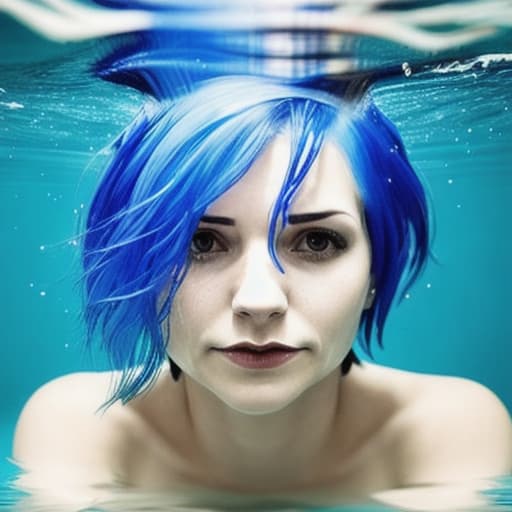  woman under water with short blue hair no reaction