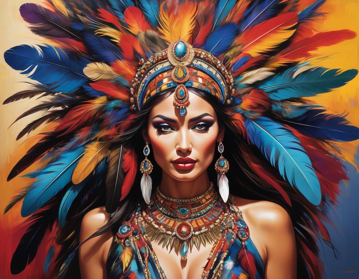  abstract expressionist painting An artistic, vibrant image of a woman adorned with elaborate jewelry and feathers, showcasing intricate designs and rich colors. . energetic brushwork, bold colors, abstract forms, expressive, emotional hyperrealistic, full body, detailed clothing, highly detailed, cinematic lighting, stunningly beautiful, intricate, sharp focus, f/1. 8, 85mm, (centered image composition), (professionally color graded), ((bright soft diffused light)), volumetric fog, trending on instagram, trending on tumblr, HDR 4K, 8K