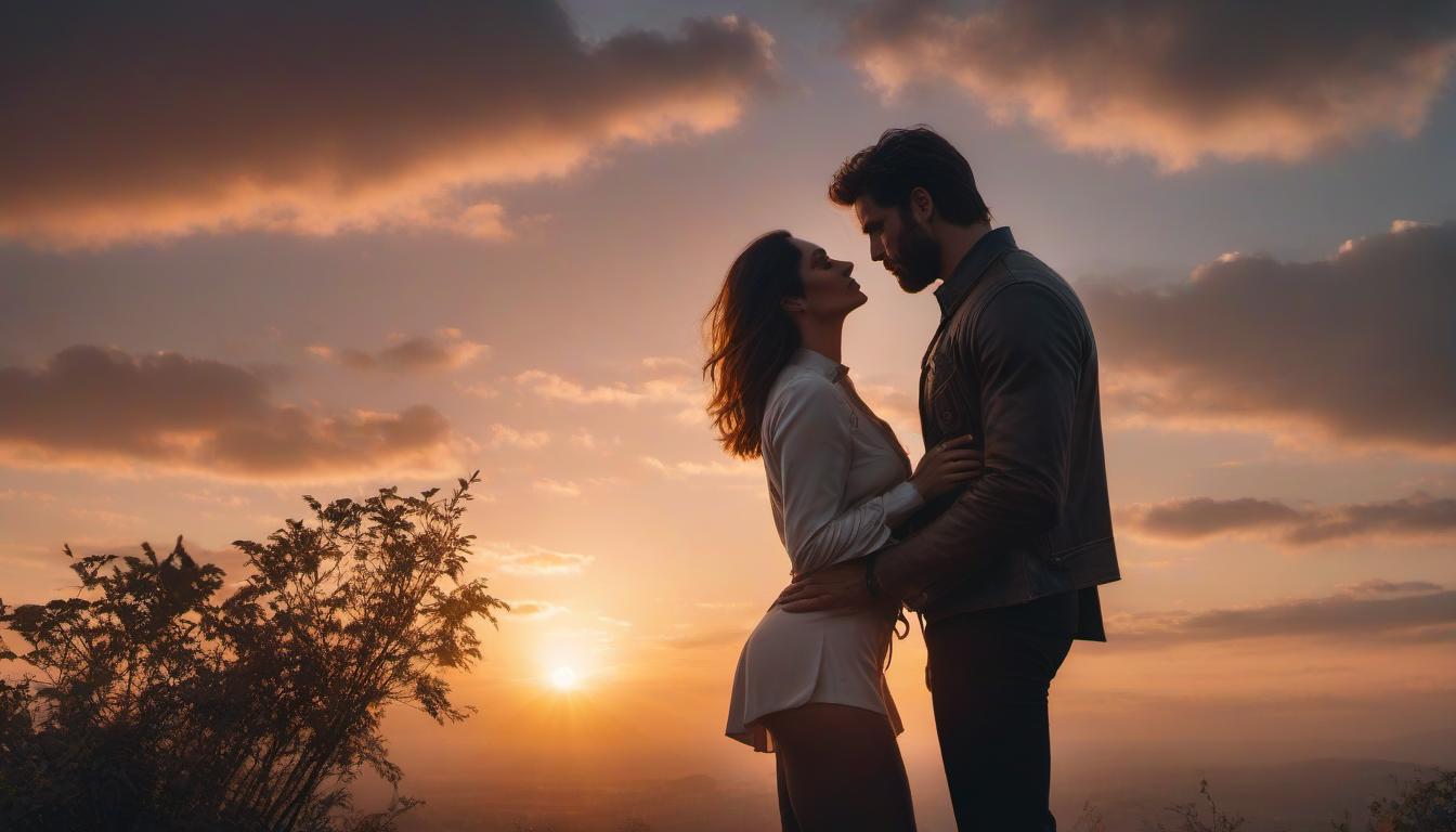  A girl and a man are embracing in front of a sunset. hyperrealistic, full body, detailed clothing, highly detailed, cinematic lighting, stunningly beautiful, intricate, sharp focus, f/1. 8, 85mm, (centered image composition), (professionally color graded), ((bright soft diffused light)), volumetric fog, trending on instagram, trending on tumblr, HDR 4K, 8K